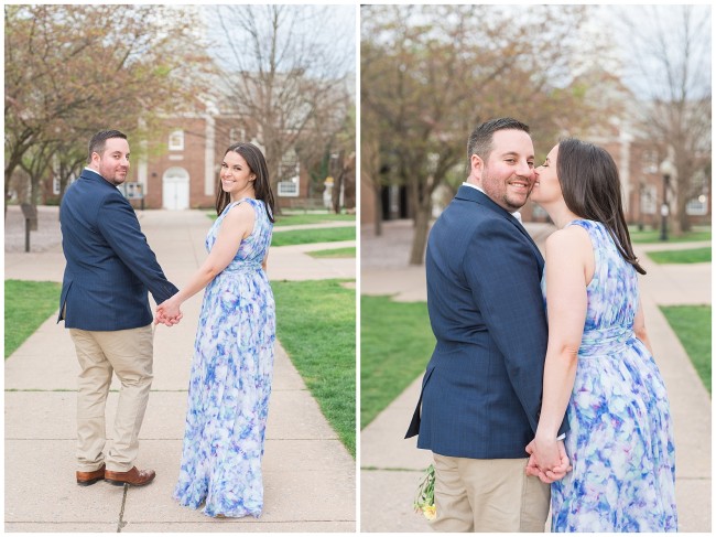 Couple dressed up for engagement pictures on college campus