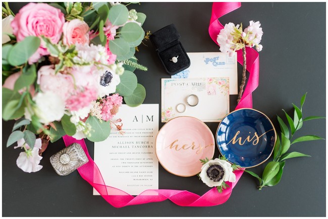 Gorgeous bridal details featuring magenta ribbon, bouquet, rings, invitation and ring dishes by BHLDN