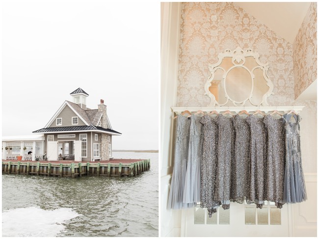 Boathouse chapel at Mallard Island Yacht Club and hanging silver Adrianna Papell bridesmaids gowns