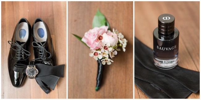 Groom shoes, tie, boutonnière, and cologne