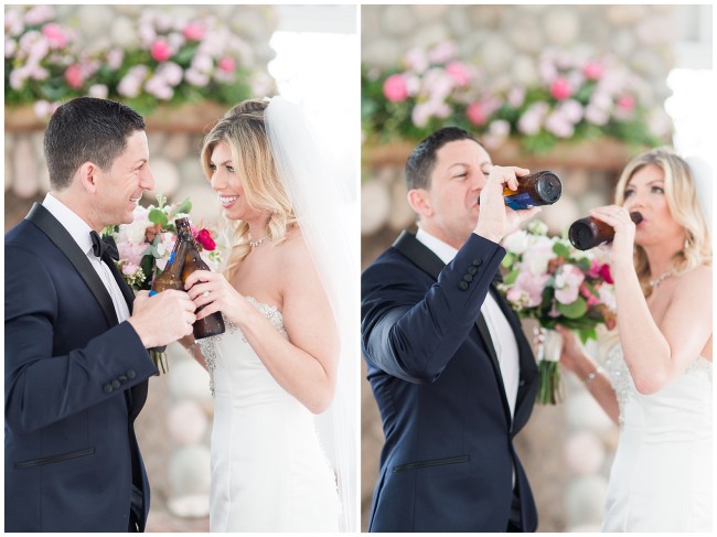 Bride and Groom drinking beer before their ceremony at Mallard Island Yacht Club