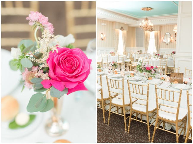 pink florals in vase on tables at Mallard Island Yacht Club wedding