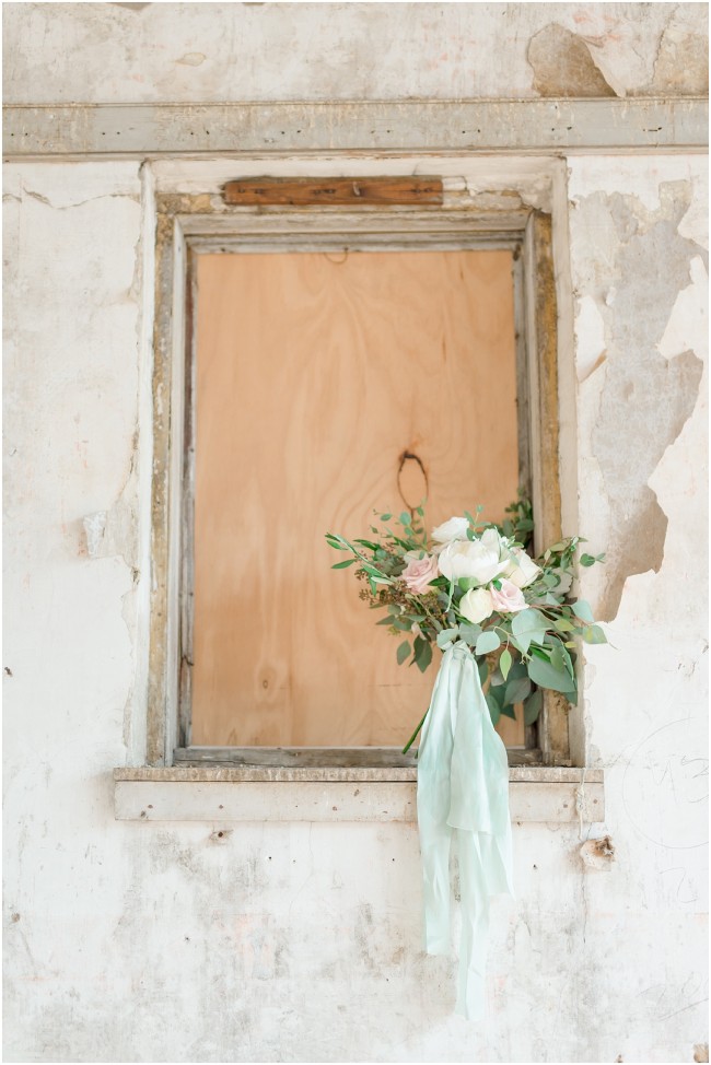 rustic industrial wedding details, bouquet on old window sill