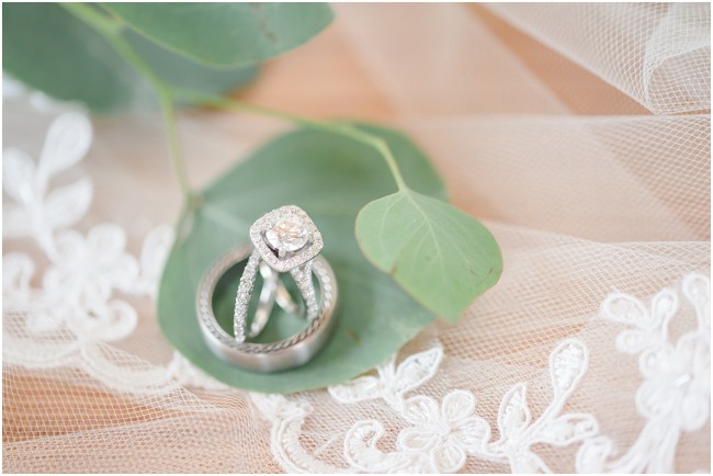 round cut diamond engagement ring in a halo, wedding ring photo on eucalyptus leaf
