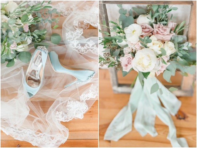 mauve white and eucalyptus wedding bouquet, badgley mischka wedding heels