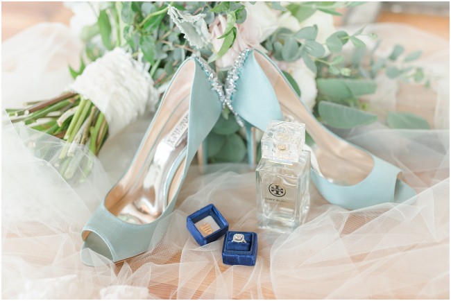 royal blue mrs. wedding ring box with badgley mischka wedding shoes