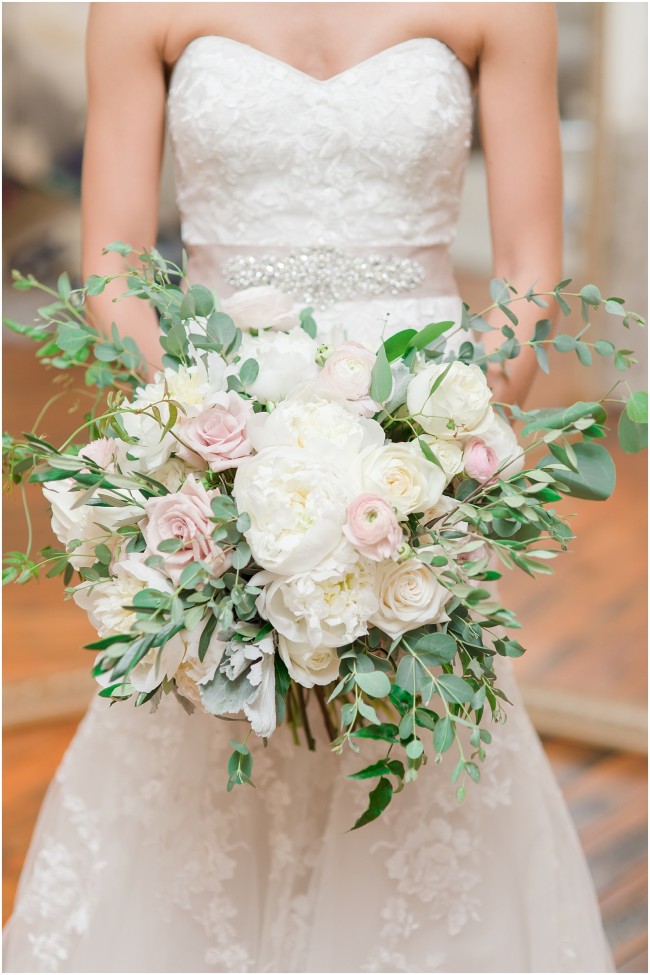 loose wedding bouquet with greenery and roses, white and pink wedding bouquet