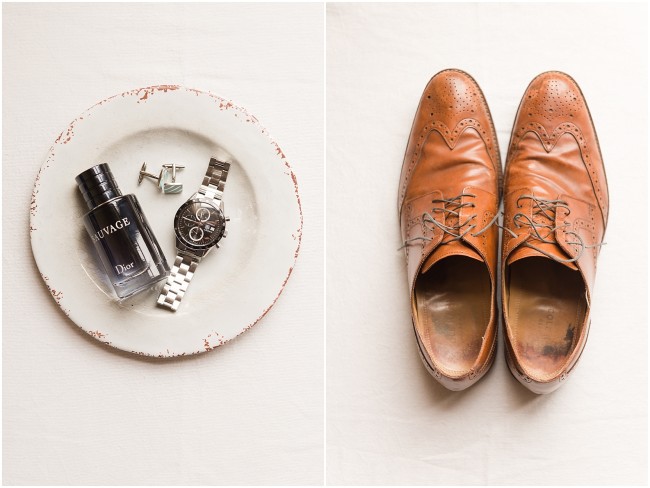 groom details on a vintage plate, brown dress shoes