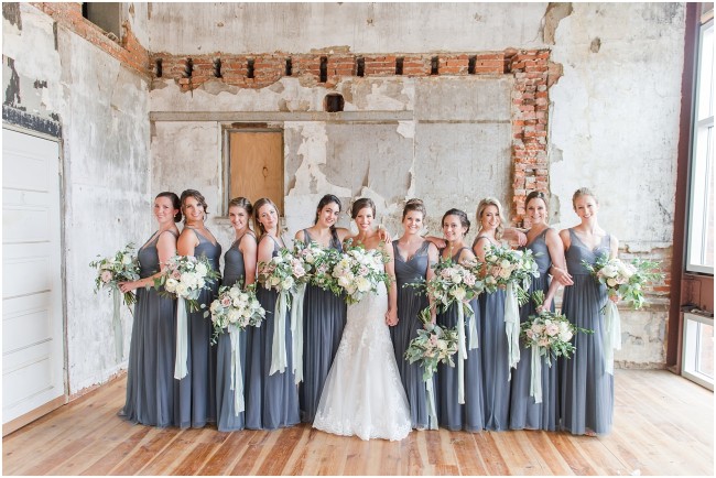 chic bridesmaid portraits, blue gray bridesmaid dresses