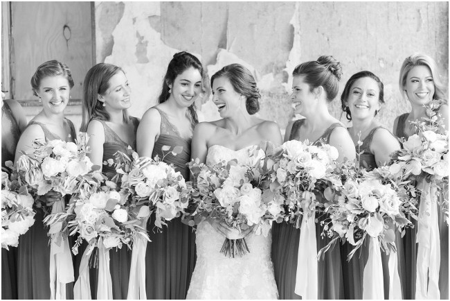 bridesmaids laughing photo, black and white portraits of bride and her bridesmaids