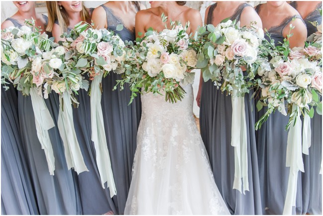 loose bouquets for bride and bridesmaids, greenery bouquets, long silk ribbons on bridal bouquets
