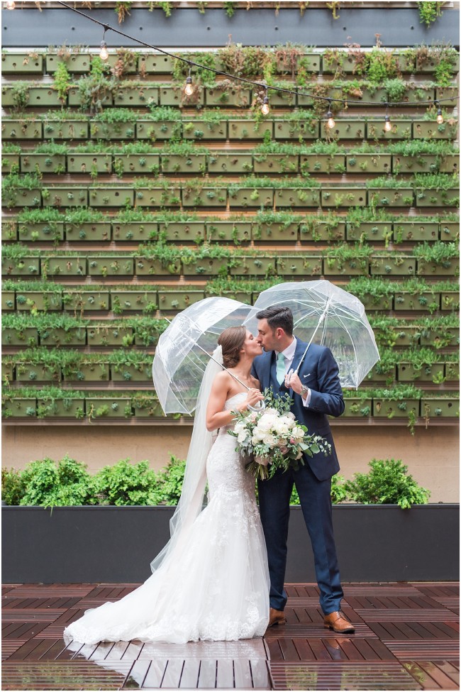 bride and groom kissing in the rain, edison bulbs as wedding decor
