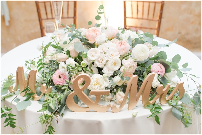 sweetheart table floral piece, mr and mrs sign