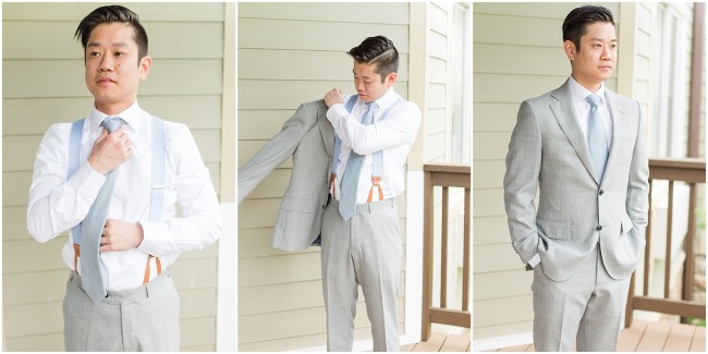 groom prep photos, groom in gray suit and pastel blue tie