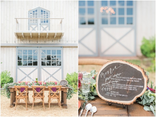 MT farm tables, Alpaca farm wedding ideas, wood slice menu signage