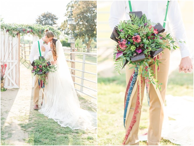 bride and groom portraits at an alpaca farm, unique jewel toned wedding bouquet