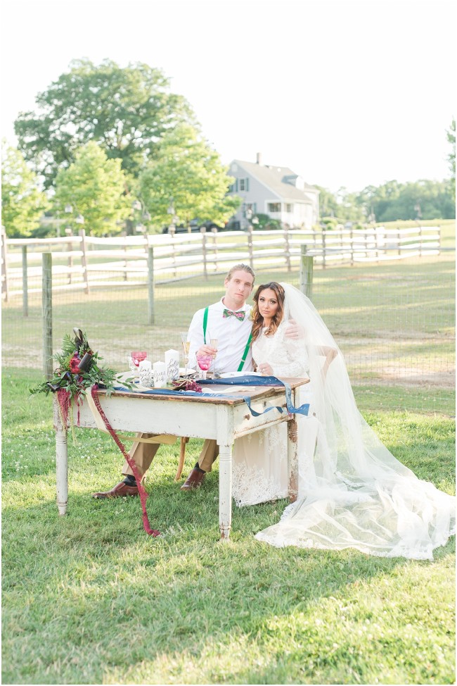 edel haus farm wedding sweet heart table, bride and groom at NJ alpaca farm