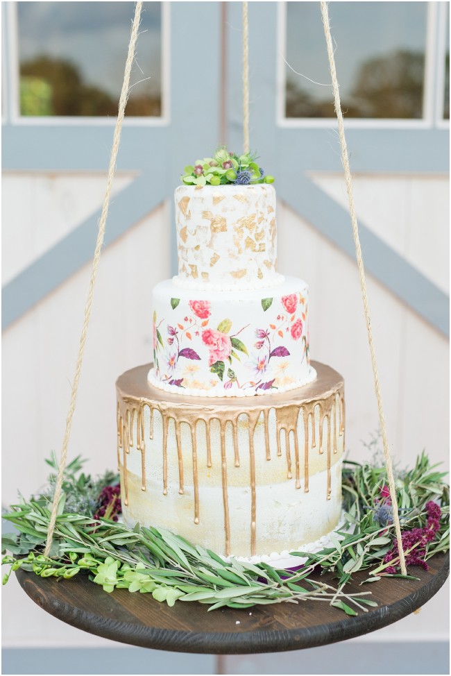 three tiered wedding cake, gold dripped wedding cake, gold leaf detail on wedding cake, suspended cake table