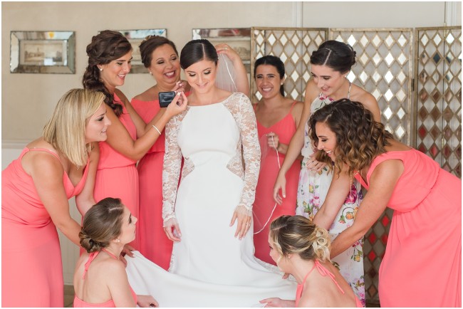 coral bridesmaid dresses, bridal prep photos 
