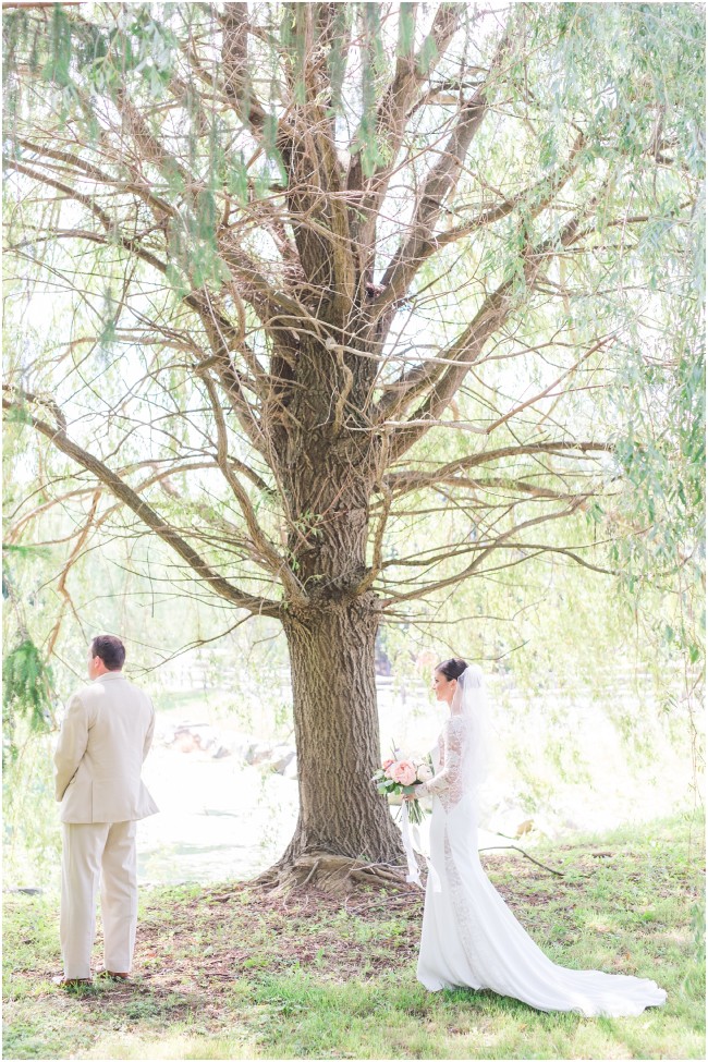 first look under a weeping willow tree, summer wedding in New Jersey