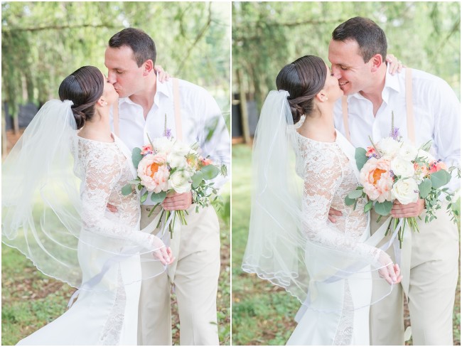 bride and groom kissing on their wedding day, lela rose wedding gown with sleeves