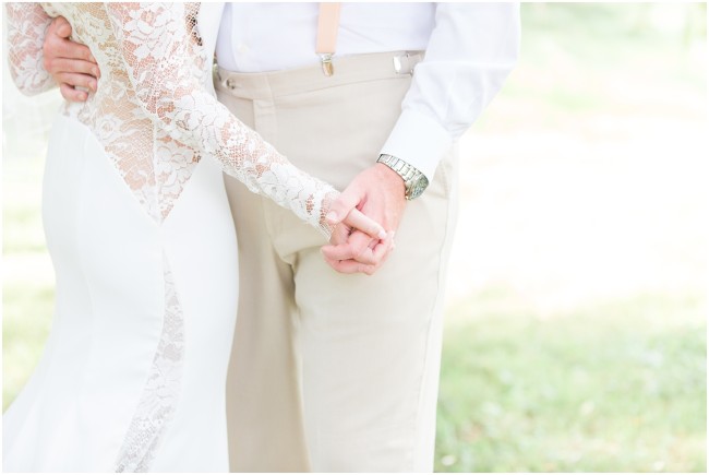 lace cut out wedding gown details, khaki pants and suspenders on a groom