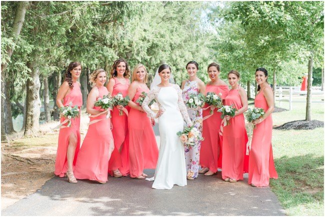 8 bridesmaid bridal parties, coral bridesmaid dresses, lela rose bridal gown