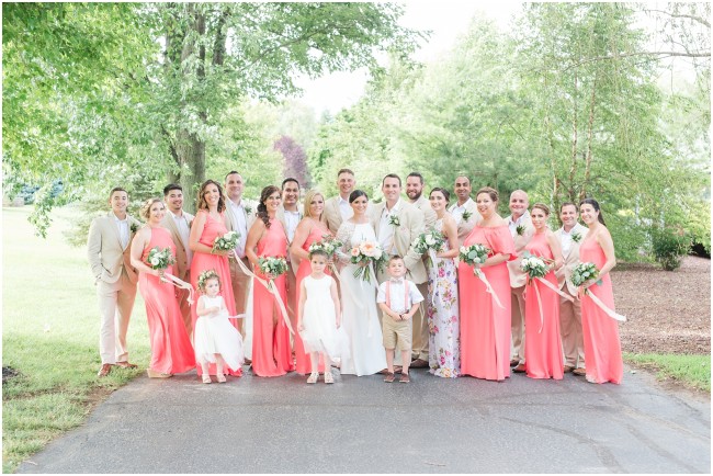 large bridal party photos, coral bridal party colors, bridesmaid flowers with long ribbons