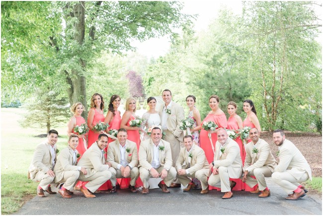 large bridal party photos, coral bridal party colors, pastel colors for bridal party, windows on the water at frogbridge bridal party