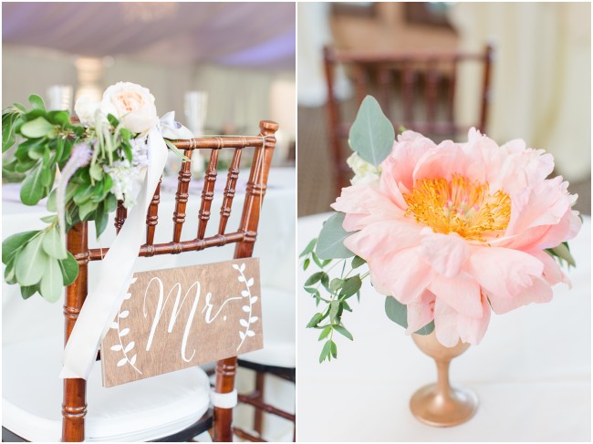 mr and mrs seat signage for wedding chairs, early blooming peony centerpiece