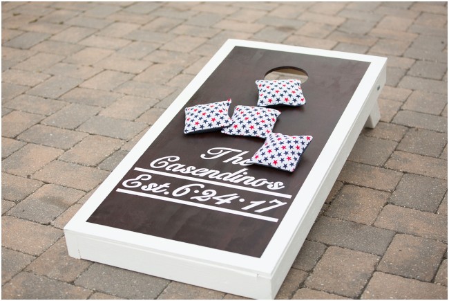 custom lawn games for the wedding day, custom cornhole board for wedding day