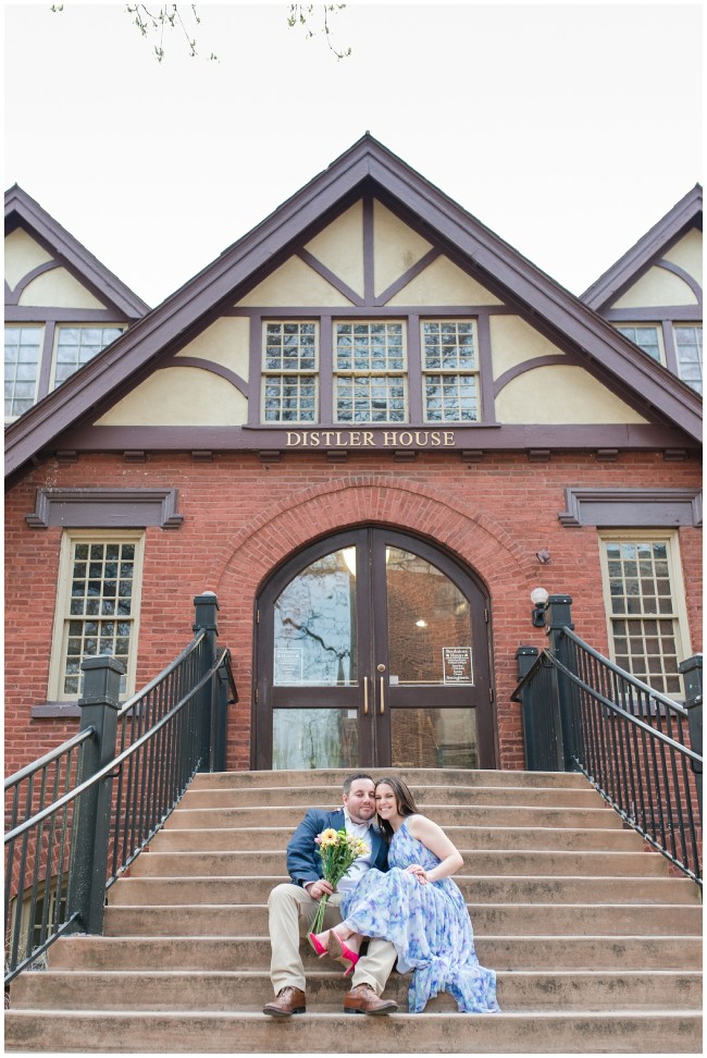 Engaged couple on steps at Distler House at Franklin and Marshall College