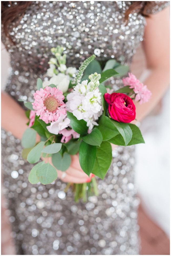 Pretty bridesmaids bouquet and silver Adrianna Papell gown