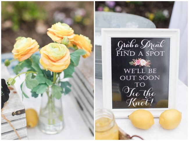 Cute wedding sign with yellow lemons and flowers