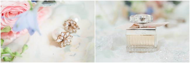 gold floral earrings, chloe wedding perfume bottle