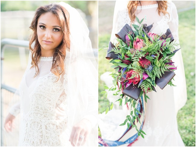 bridal portraits at edel haus farm, aurora lace wedding gown, tropical wedding bouquet, jewel toned wedding flowers