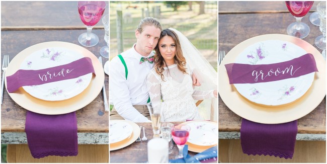 purple jewel toned wedding plates, vintage gold wedding chargers, jewel toned purple wedding napkins, bride and groom at sweet heart table