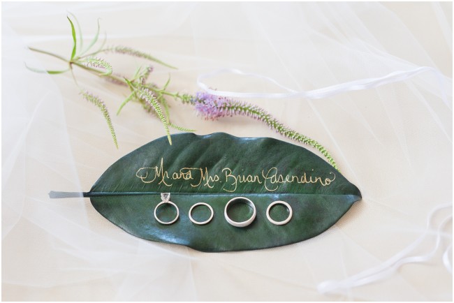 green leaf ring tray, wedding ring photos