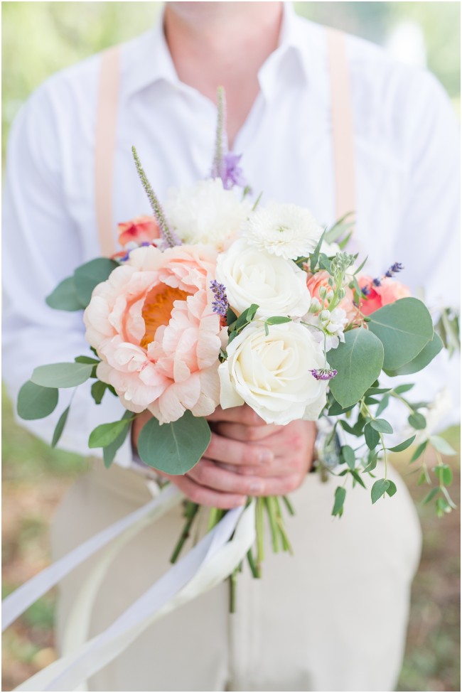 white rose and coral wedding floral bouquet, eucalyptus wedding bouquet