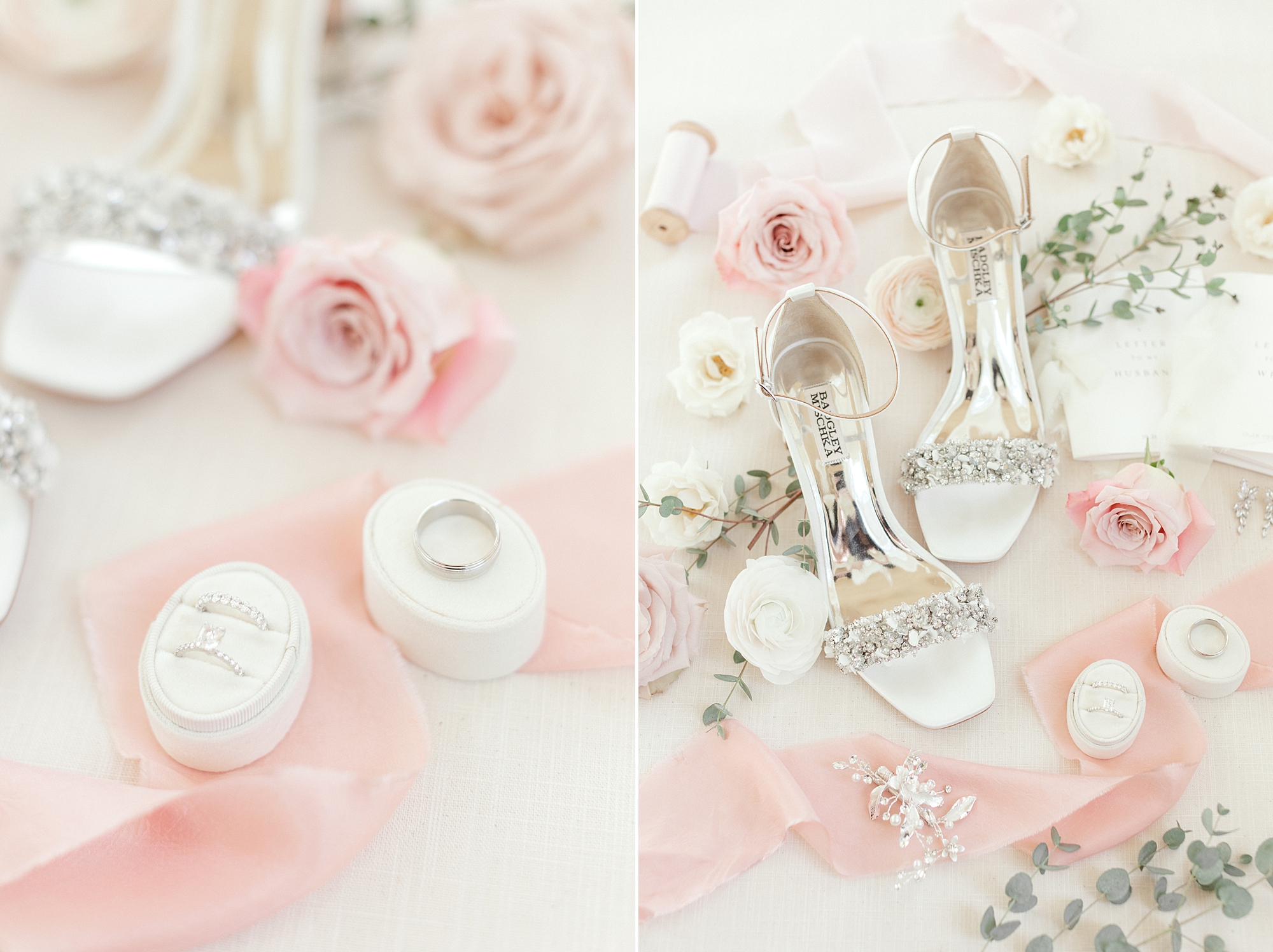 bride's shoes on pink ribbon with rings in ivory boxes