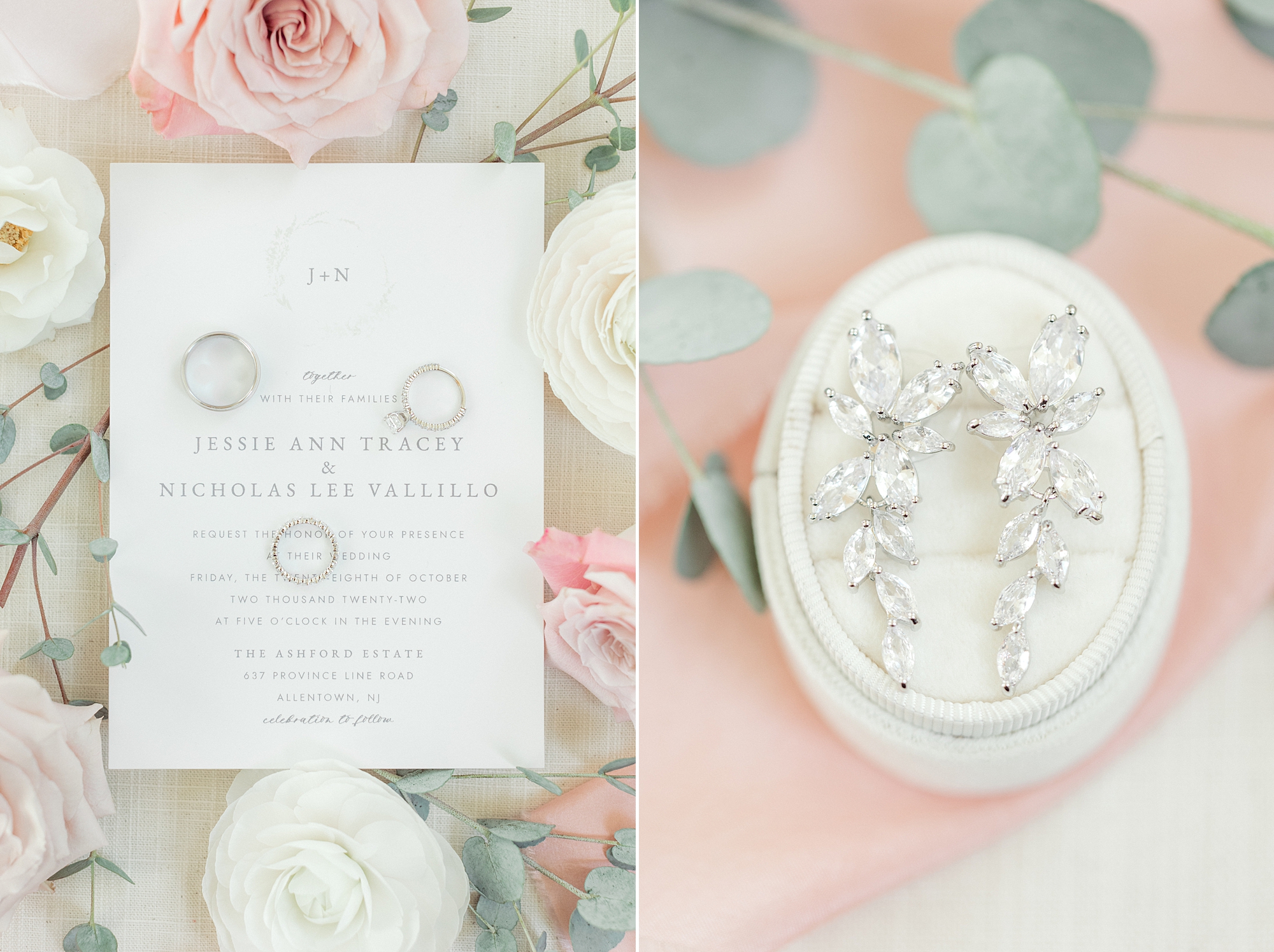 wedding stationery rests between pink and white flowers