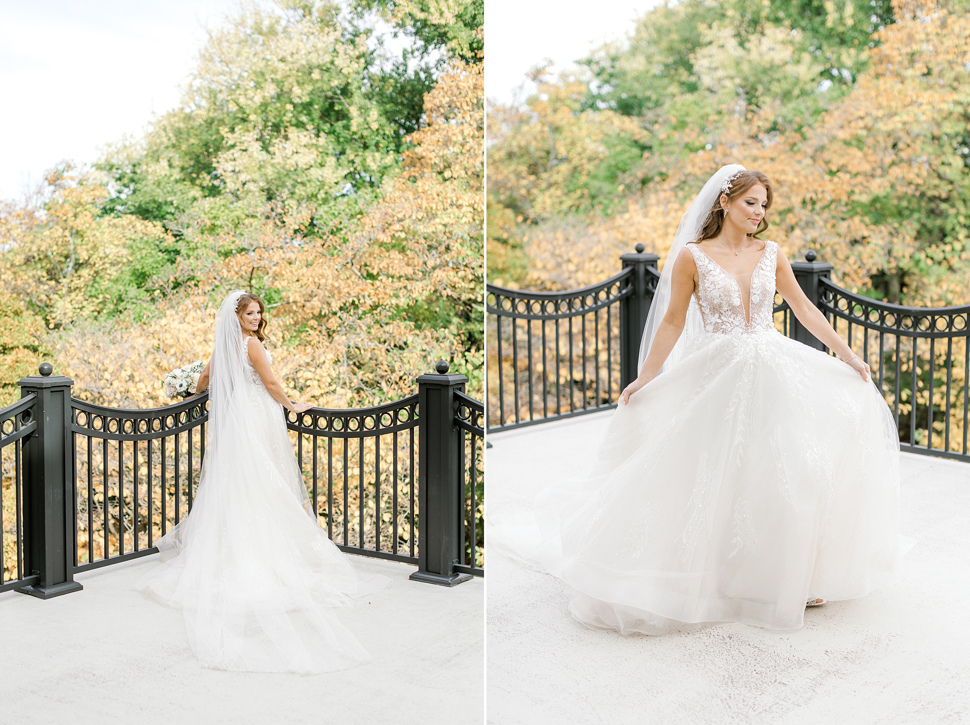 bride twirls in wedding gown on balcony at the Ashford Estate
