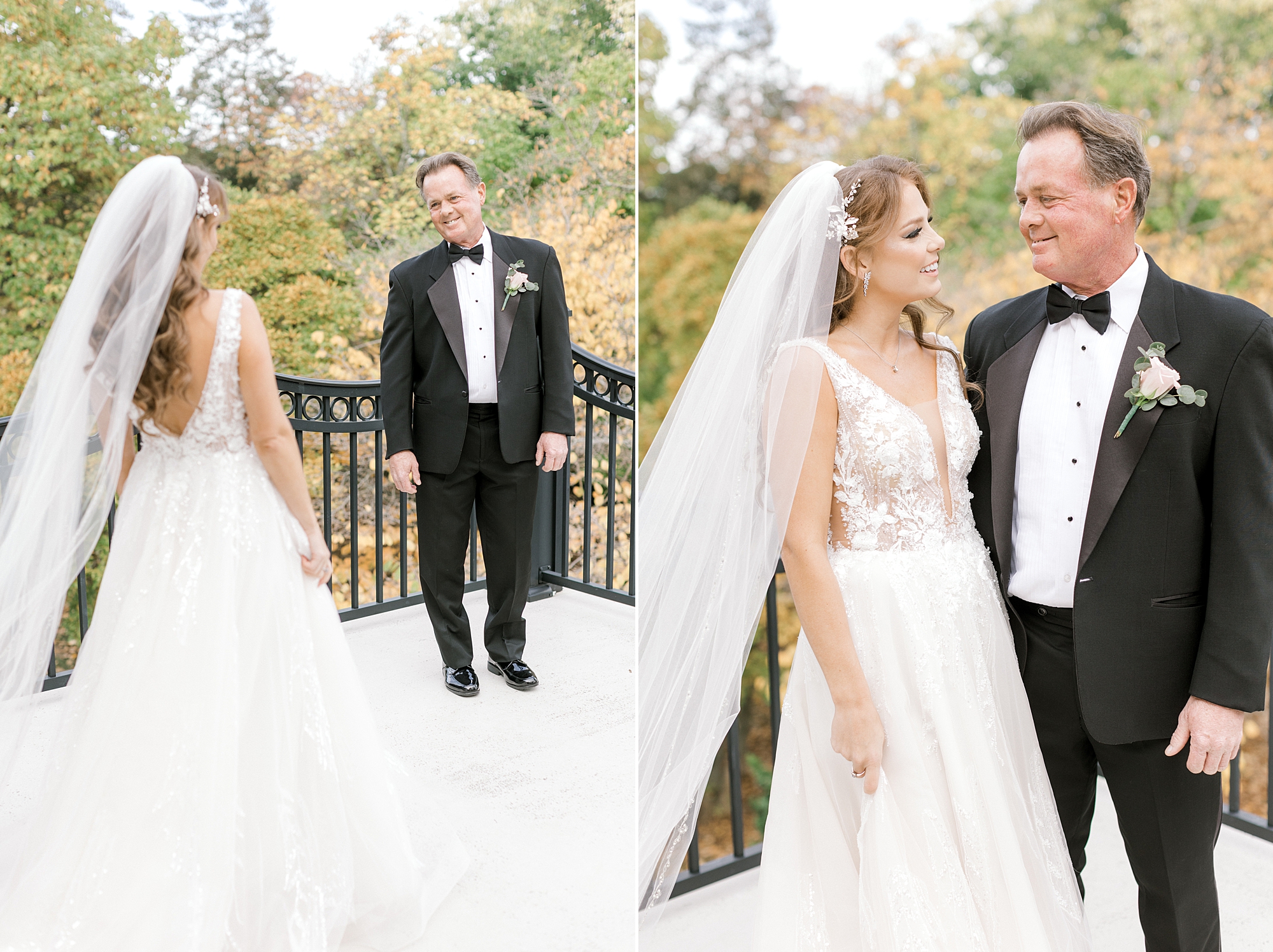 bride has first look with dad on balcony at the Ashford Estate