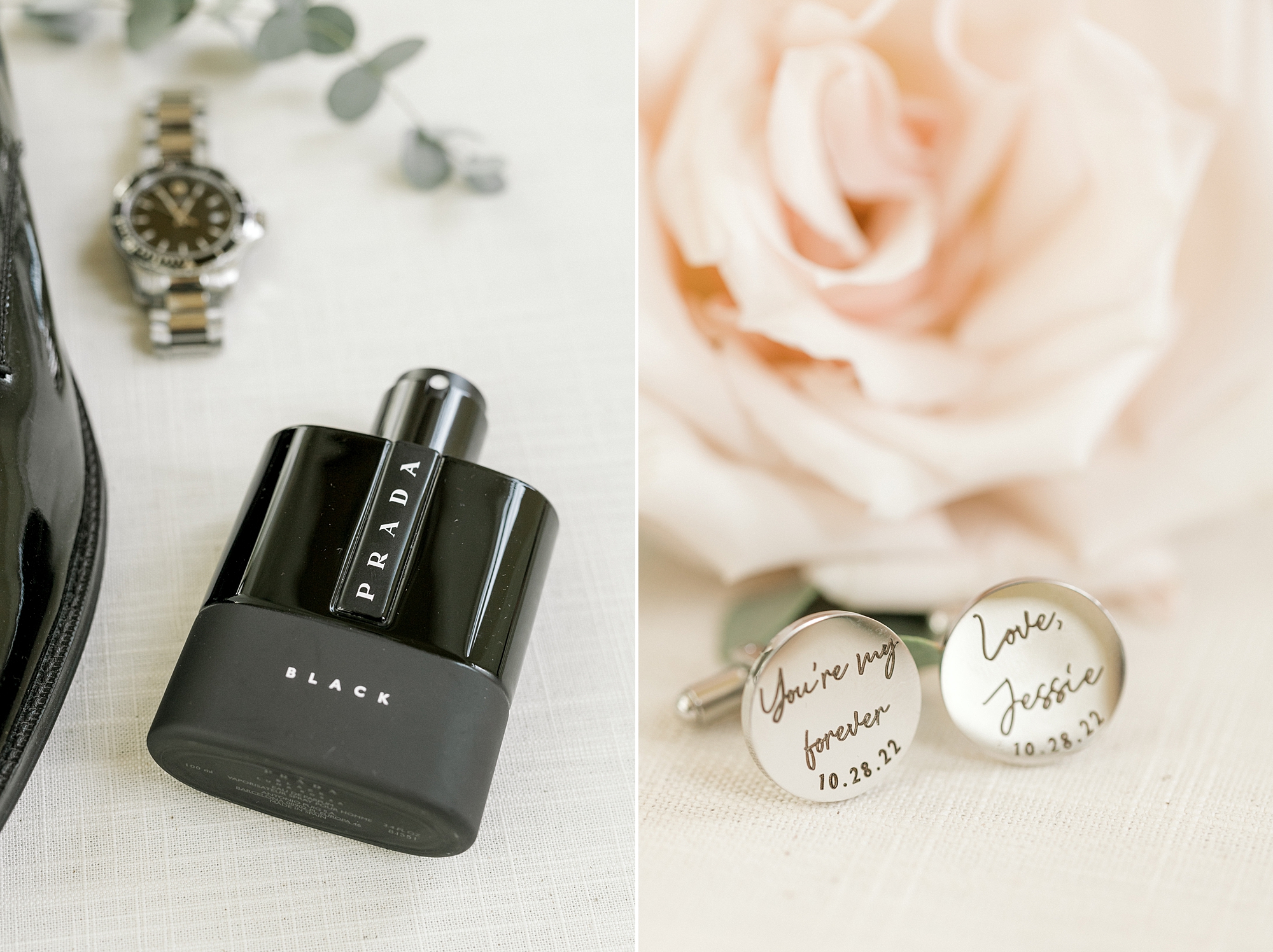 cufflinks with bride's writing on them and groom's cologne