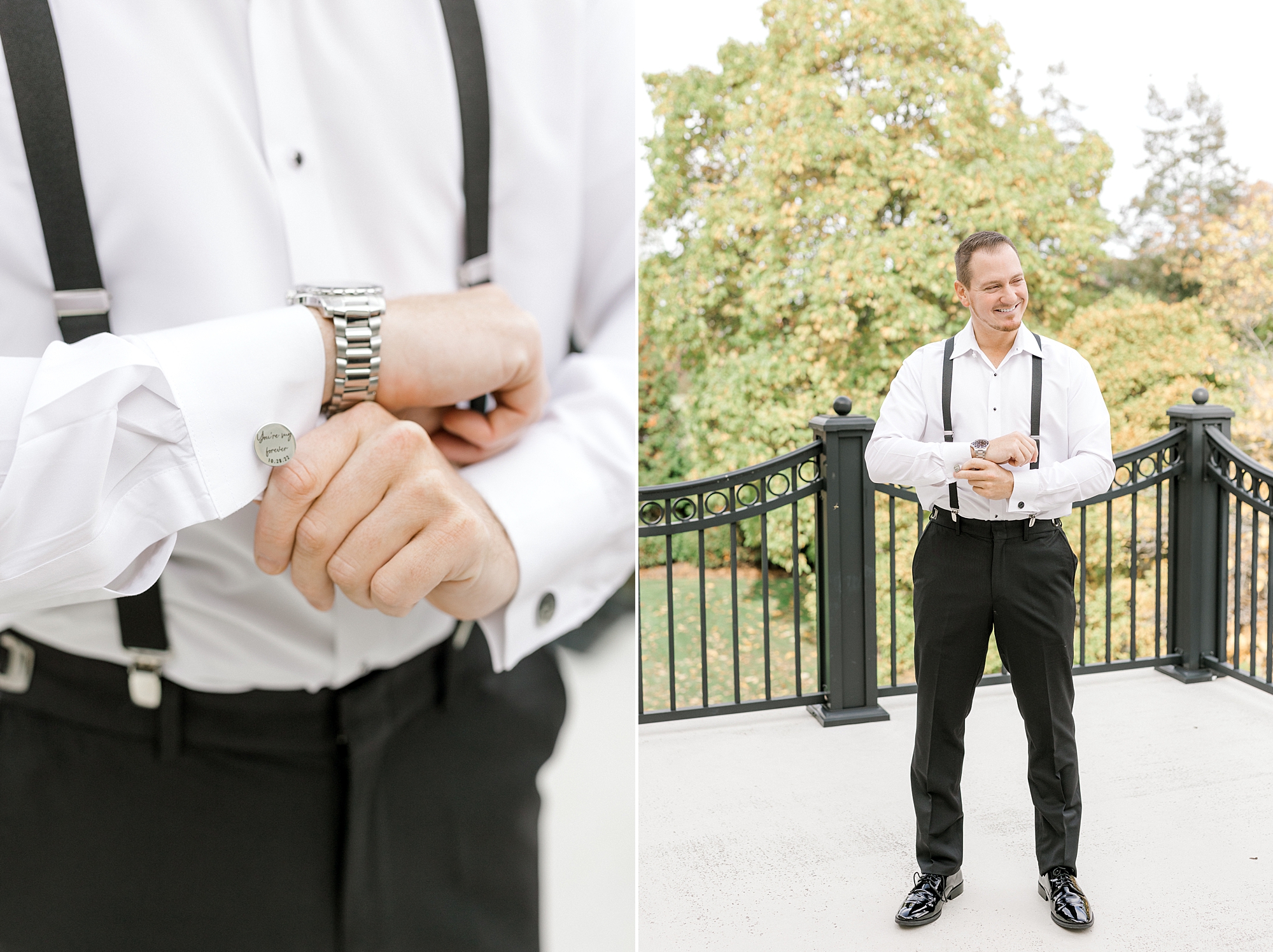 groom adjusts custom cufflinks on balcony at the Ashford Estate