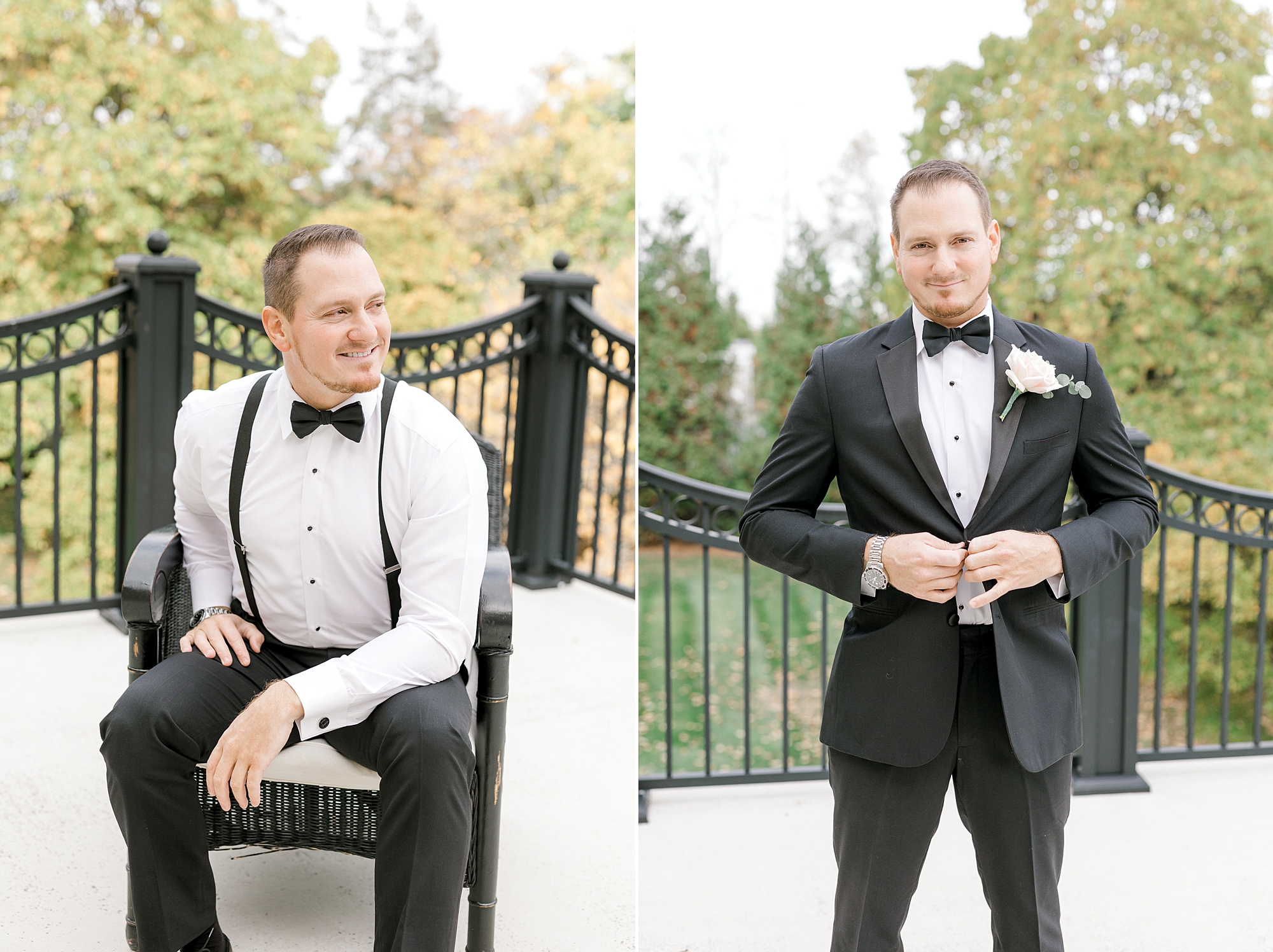groom sits on balcony without suit jacket then buttons up jacket