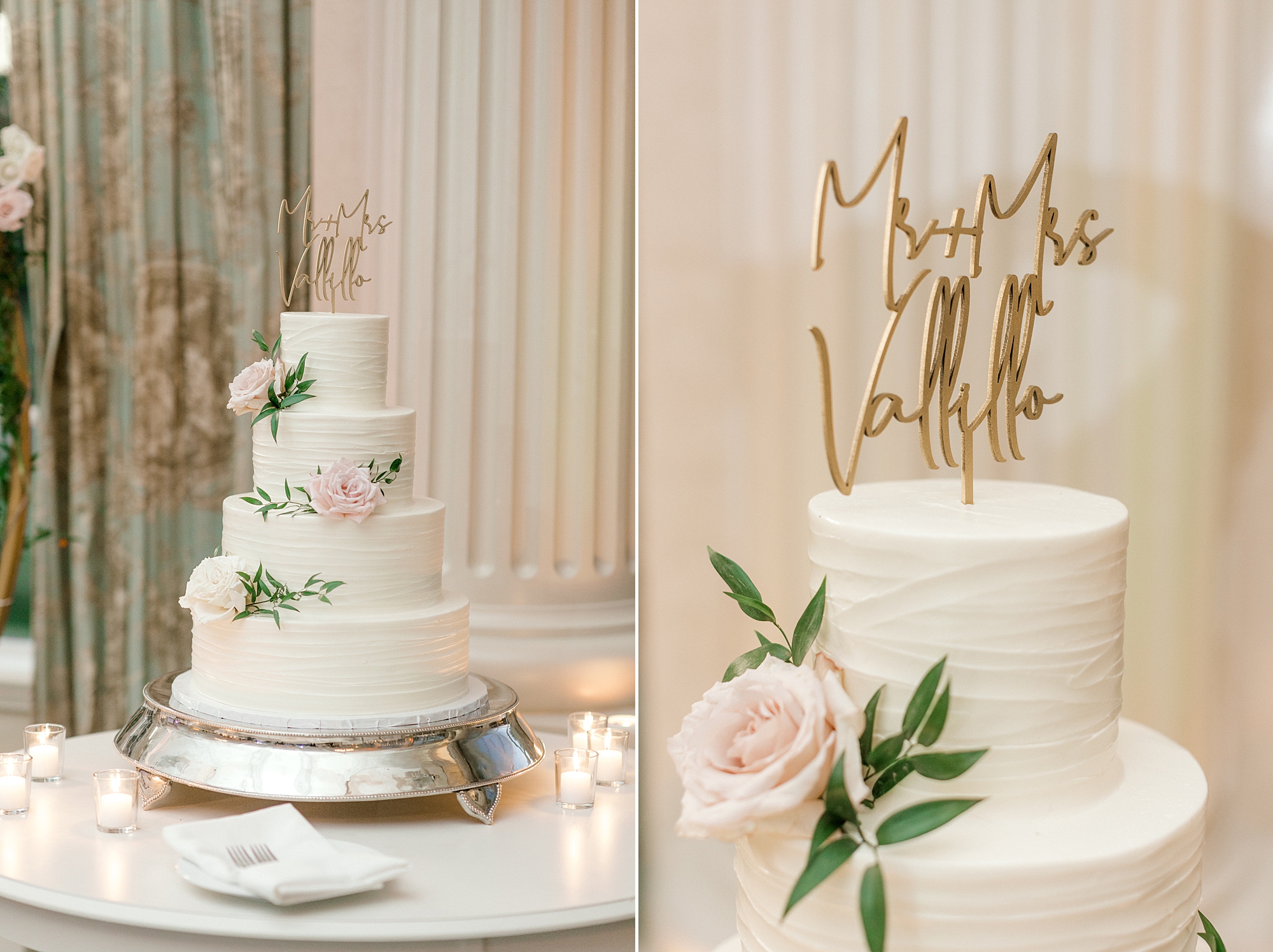 tiered wedding cake with pink floral accents and custom gold sign