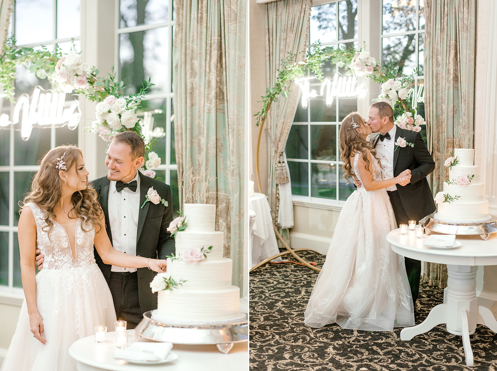 bride and groom cut wedding cake by custom neon sign at the Ashford Estate