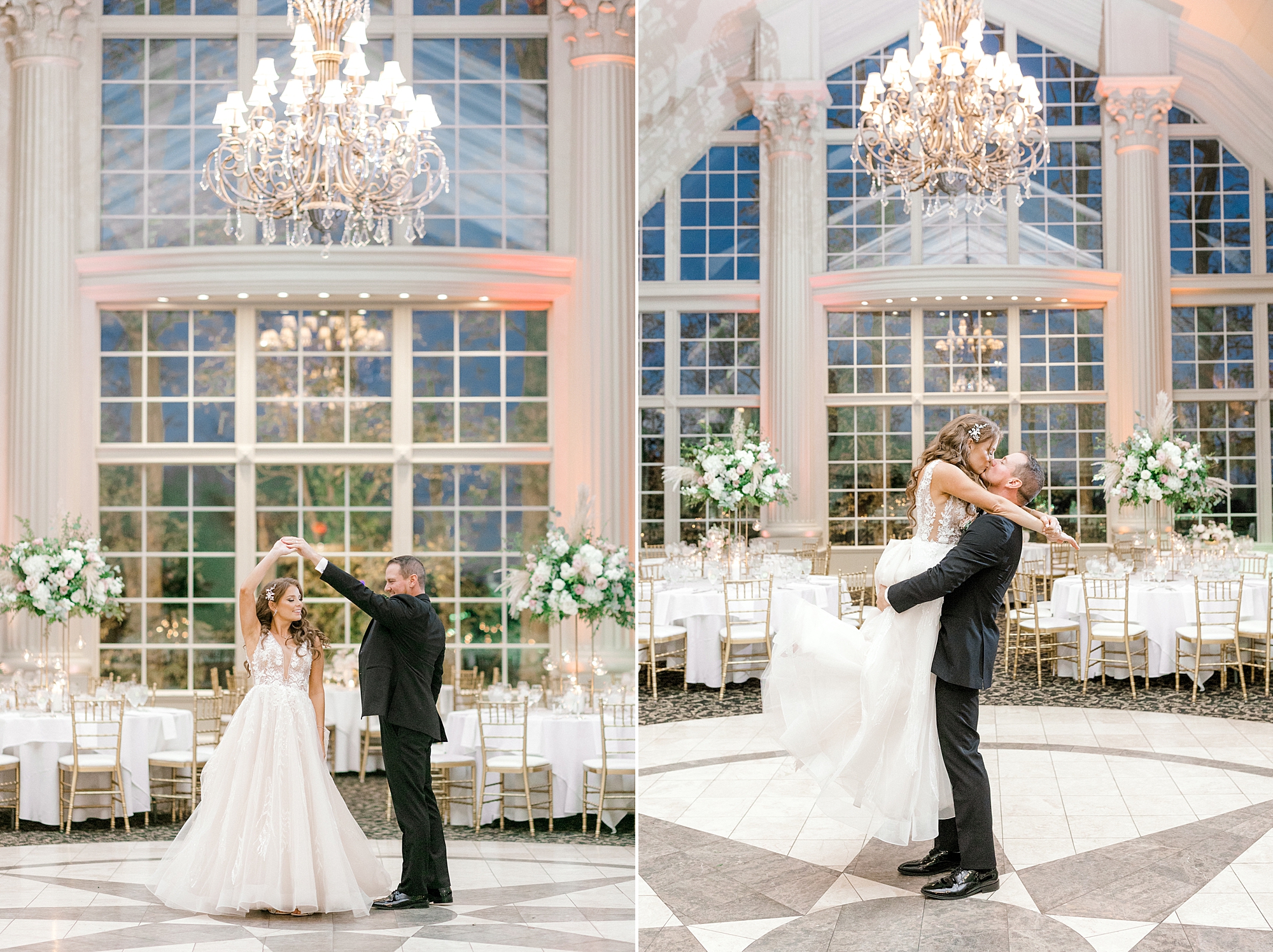 groom twirls bride and lifts her during portraits in ballroom at the Ashford Estate