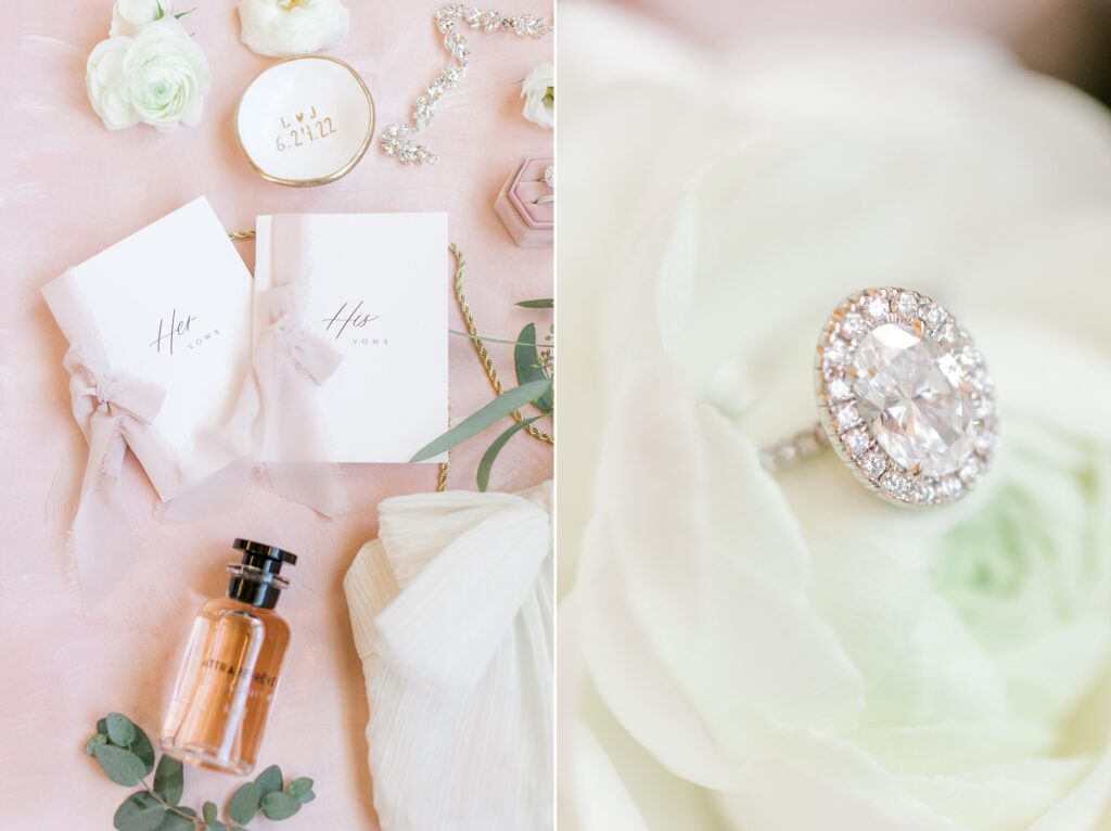 bride's oval diamond ring in white flower for Bonnet Island Estate wedding